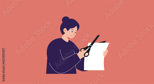 Woman cuts white paper with scissors against a plain background for diy, craft projects