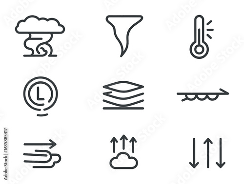 Weather Icon Set. Outline icon set of meteorological phenomena: supercell cloud, funnel cloud, temperature