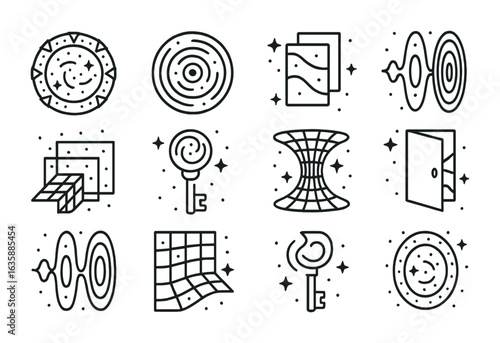 Multidimensional Travel Icons. Outline icon set of multidimensional travel: stargate, space tunnel, layered