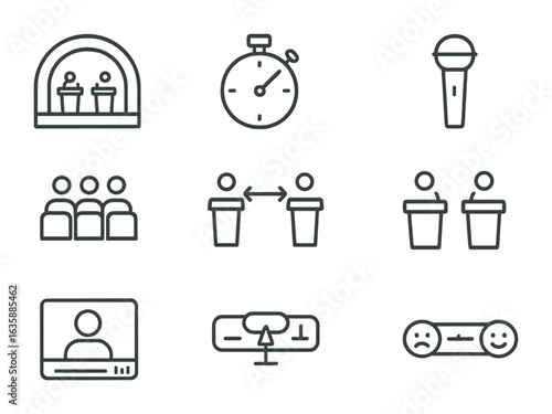 Political Debate Icons. Outline icon set of political debates: debate stage, timer icon, moderator mic,