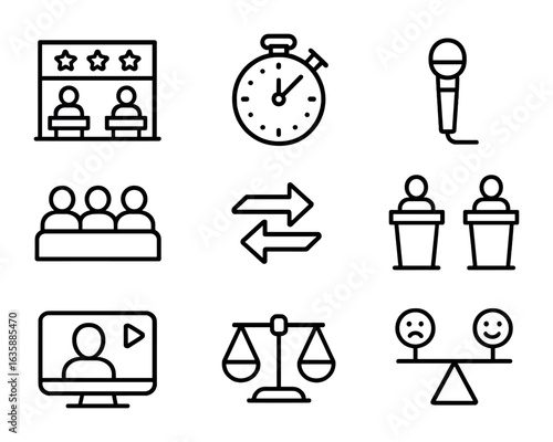 Political Debate Icons. Outline icon set of political debates: debate stage, timer icon, moderator mic,