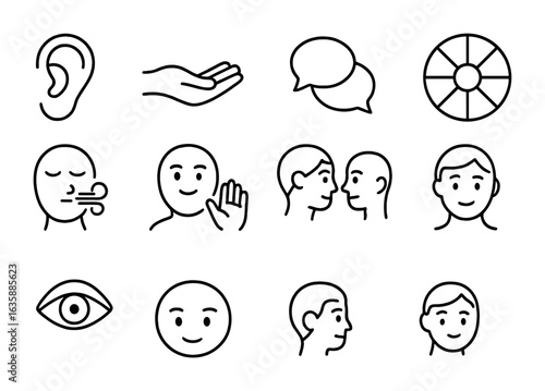 Emotional Intelligence Icons. Outline icon set of emotional intelligence skills: listening ear, empathy hand,