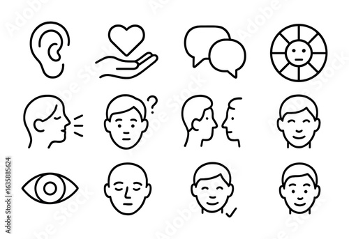 Emotional Intelligence Icons. Outline icon set of emotional intelligence skills: listening ear, empathy hand,