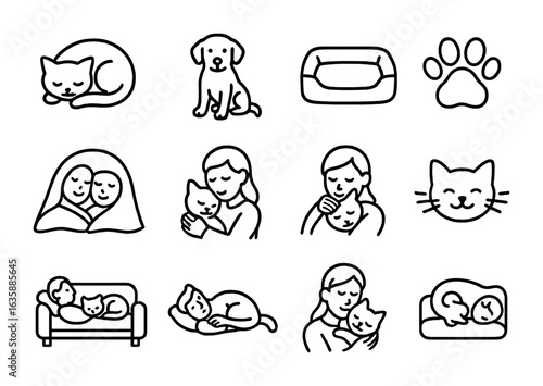 Pet Coziness Icons. Outline icon set of pets and coziness: curled cat, dog on lap, soft bed, paw print, shared