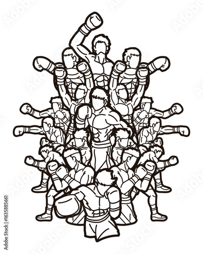 Boxing Sport Group of Boxer Ultimate Fighter Mix Action Muay Thai Kick Boxing Cartoon Outline Graphic Vector