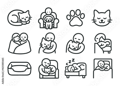Pet Coziness Icons. Outline icon set of pets and coziness: curled cat, dog on lap, soft bed, paw print, shared