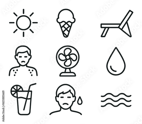 Hot Summer Icons. Outline icon set of hot summer day at the shore: blazing sun, ice cream cone, beach chair,