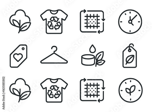 Sustainable Fashion Icons. Outline icon set of sustainable fashion concepts: eco fabric, upcycle icon, zero