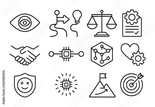 AI Ethics Icons. Outline icon set of future of AI and ethics: foresight eye, ethical roadmap, innovation