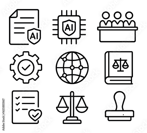AI Governance Icon Set. Outline icon set of AI governance frameworks: policy document, AI regulation icon,