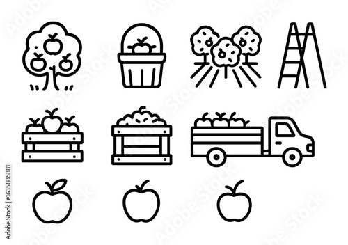 Apple Harvest Icons. Outline icon set of orchard and apple harvest: apple tree, picking basket, orchard rows,