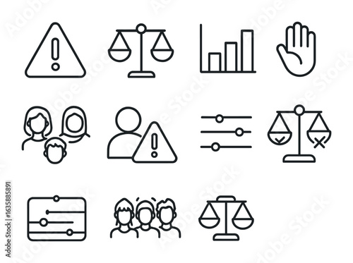 Algorithm Bias Icons. Outline icon set of algorithmic bias: warning triangle, bias scale, unequal graph,