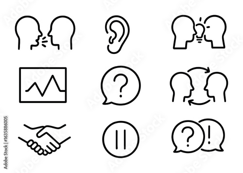Conflict Resolution Icons. Outline icon set of communication in conflict resolution: talking heads, listening