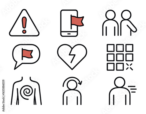 Red Flags Icons. Outline icon set of recognizing red flags: warning triangle, hidden phone, avoidance icon,