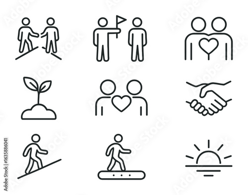 Unified Progress Icons. Outline icon set of moving forward together: united path, shared goal, strong bond,
