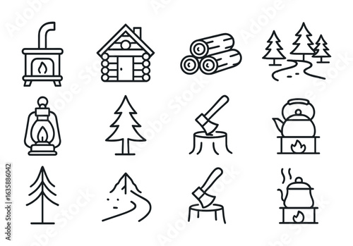 Forest Cabin Icons. Outline icon set of forest cabin life: woodstove, cabin icon, stack of logs, forest path,