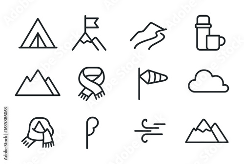 Highland Trekking Icons. Outline icon set of highland trekking retreats: summit tent, altitude flag, ridge