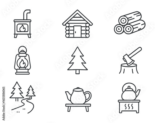 Forest Cabin Icons. Outline icon set of forest cabin life: woodstove, cabin icon, stack of logs, forest path,