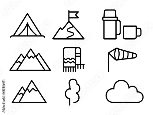 Highland Trekking Icons. Outline icon set of highland trekking retreats: summit tent, altitude flag, ridge