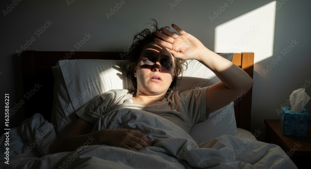 Obraz premium unwell woman in bed shielding eyes from morning sun