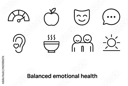 Emotional Wellness Icons. Outline icon set of balanced emotional health: energy meter, healthy habit icon,