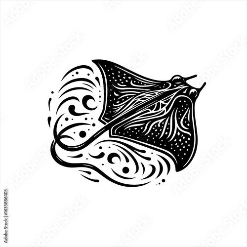 Stylized black and white manta ray with decorative swirls and dots