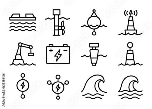 Marine Energy Icons. Outline icon set of marine energy technologies: floating raft, submerged turbine, energy