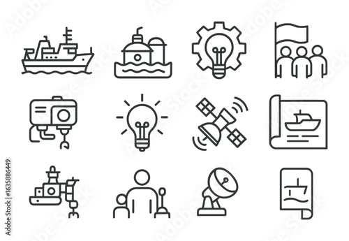 Maritime Innovation Icons. Outline icon set of maritime innovation hubs: research vessel, ocean lab,