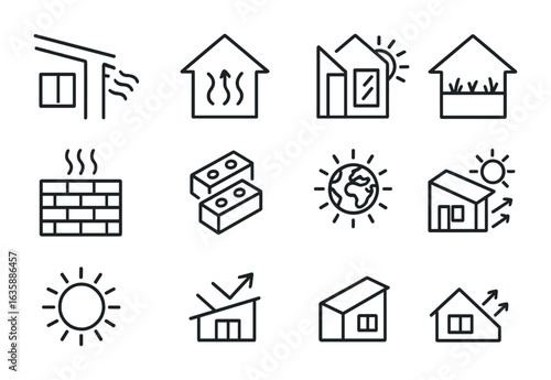 Eco Architecture Icons. Outline icon set of climate-conscious architecture: solar shading, passive ventilation