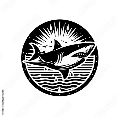 Stylized black and white shark graphic in a circular emblem