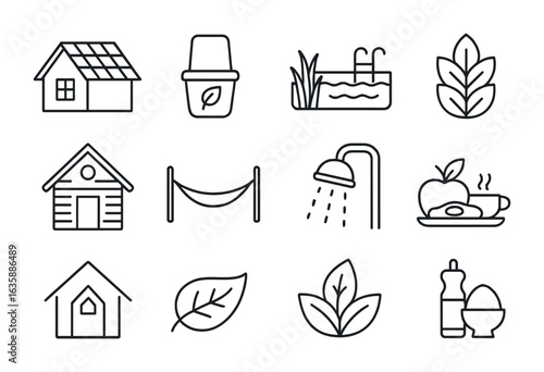 Eco Accommodations Icons. Outline icon set of eco-friendly accommodations: solar roof, composting toilet,