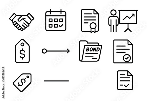 Bond Issuance Icons. Outline icon set of bond issuance process: underwriting icon, roadshow calendar,