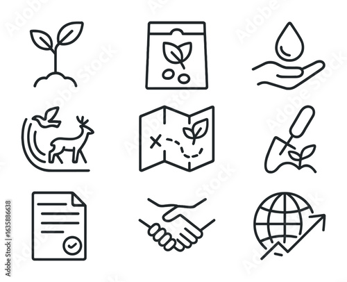 Regenerative Tourism Icons. Outline icon set of regenerative tourism: tree sapling, native seed pack, water