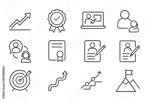 Career Development Icons. Outline icon set of hybrid career development: growth arrow, skill badge, training