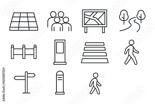 Pedestrian Space Icons. Outline icon set of pedestrian public space: open paving, crowd icon, city map board,
