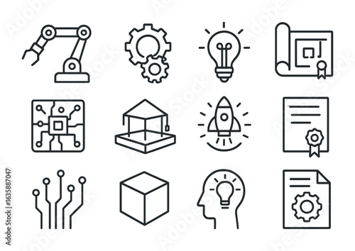 Tech Innovation Icons. Outline icon set of technology and invention: robot arm, gear mechanism, lightbulb idea