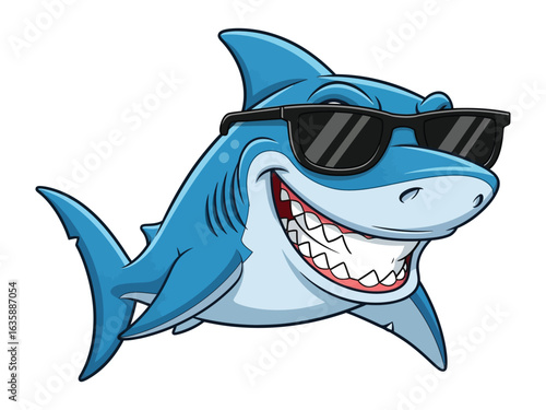 Cool Shark: A cool and charismatic shark wearing sunglasses, exuding an aura of confident coolness. A friendly and cheerful animal illustration.