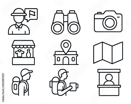 Tourist Icon Set. Outline icon set of tourist city zones: guide icon, binoculars, photo camera, souvenir stand
