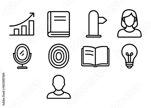 Personal Growth Icons. Outline icon set of personal growth reflection: rising graph, journal page, milestone