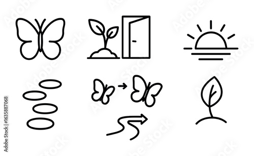 Growth and Transformation Icons. Outline icon set of growth and change: butterfly, sprouting plant, open door,
