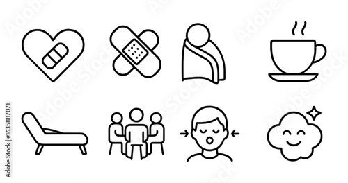 Emotional Healing Icons. Outline icon set of emotional healing and self-care: heart patch, band-aid, cozy