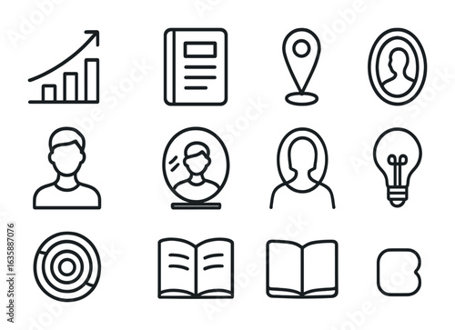 Personal Growth Icons. Outline icon set of personal growth reflection: rising graph, journal page, milestone