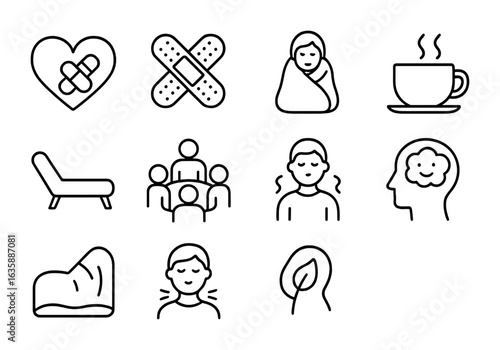 Emotional Healing Icons. Outline icon set of emotional healing and self-care: heart patch, band-aid, cozy