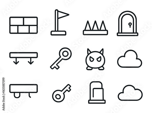 Game Level Icons. Outline icon set of game level design: platform block, checkpoint flag, trap icon, exit door
