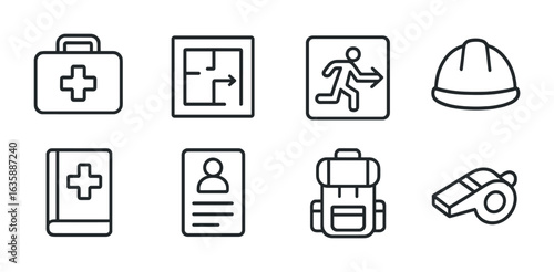 Emergency Preparedness Icons. Outline icon set of emergency preparedness: emergency kit, fire drill plan,