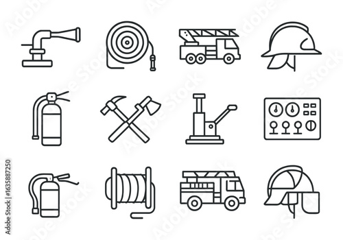 Fire Truck Icon Set. Outline icon set of fire truck features: water cannon, hose reel, ladder truck,