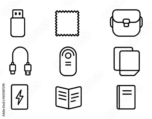 Digital Photo Gear Icons. Outline icon set of digital photo accessories: memory stick, cleaning cloth,