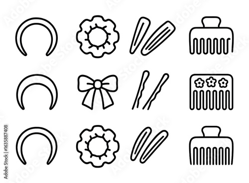 Hair Accessories Icons. Outline icon set of hair accessories: hairband, scrunchie, barrettes, claw clip,