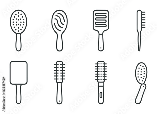 Hairbrush Icon Set. Outline icon set of hairbrush types: boar bristle brush, detangling brush, vent brush,