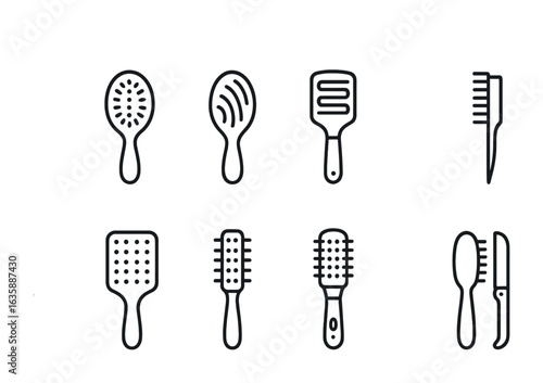 Hairbrush Icon Set. Outline icon set of hairbrush types: boar bristle brush, detangling brush, vent brush,
